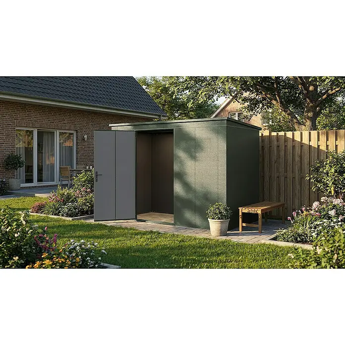 Weka Metallgerätehaus Gary 7 - Außenmaß inkl. Dachüberstand (B x T): 292 x 147,6 cm, Aluminium - Ein geräumiger, dunkelgrüner Gartenschuppen mit geöffneten Türen auf einem gepflegten Rasen.