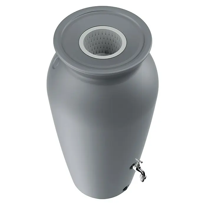 Regentonne Velcan - 230 l, Anthrazit - Graue Regentonne in Urnenform mit silbernem Wasserhahn. Ideal für die Gartenbewässerung und als dekoratives Element für den Außenbereich.