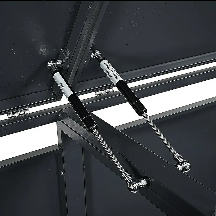Weka Mülltonnenbox Gary - 132 x 80 cm, Metall, Anthrazit RAL 7016, Geeignet für Anzahl Mülltonnen: 2 Stk. - Detailaufnahme von Gasdruckfedern zur Unterstützung des Deckels einer schwarzen Aufbewahrungsbox. Die Federn erleichtern das Öffnen und Schließen.