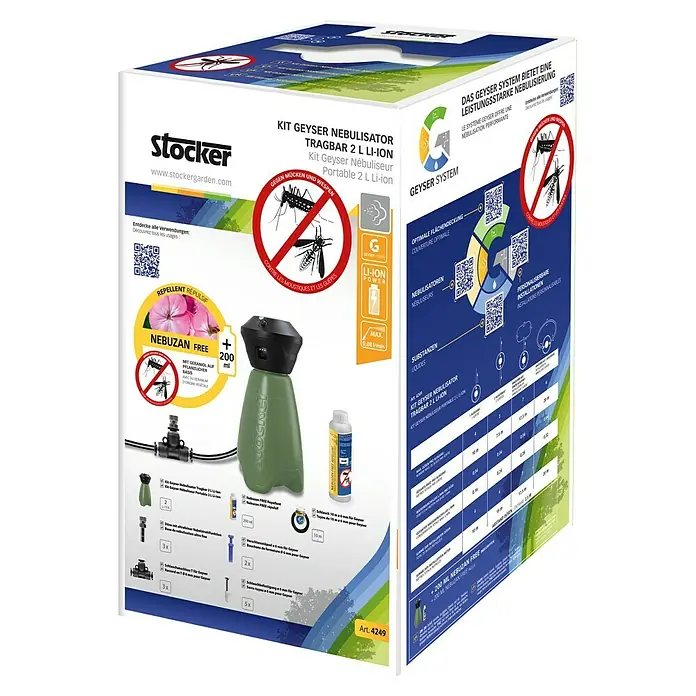 Stocker Geyser Vernebler Nebulisator Set - 2 l, 1 Akku - Stocker Geyser Nebulisator Tragbar 2 L Li-Ion: Ein tragbarer Vernebler mit Li-Ion-Akku für den Einsatz im Garten und gegen Insekten.
