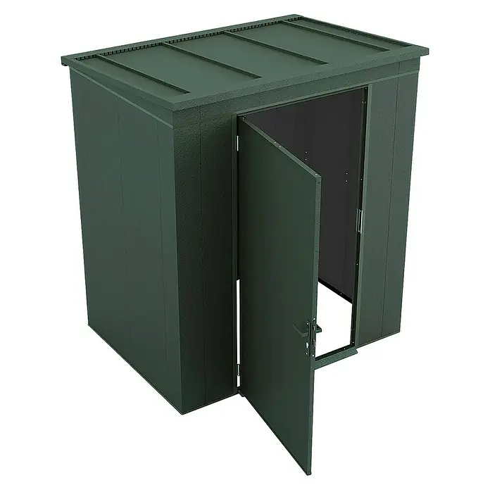 Weka Metallgerätehaus Gary 2 - Außenmaß inkl. Dachüberstand (B x T): 191,8 x 147,6 cm, Aluminium, Grün - Ein grünes Gartenhaus mit geöffneter Tür. Es ist ein praktischer Lagerraum für Gartengeräte und Werkzeuge.