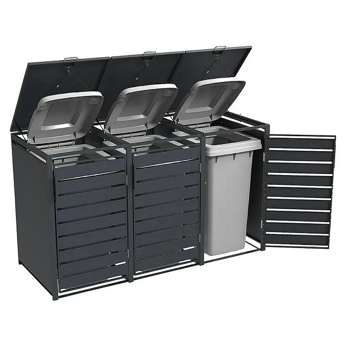 Weka Mülltonnenbox Gary - Metall, Anthrazit RAL 7016, Geeignet für Anzahl Mülltonnen: 3 Stk. - Mülltonnenbox für drei Mülltonnen mit aufklappbaren Deckeln und horizontalen Lamellen, ideal für die stilvolle Mülltrennung im Außenbereich.