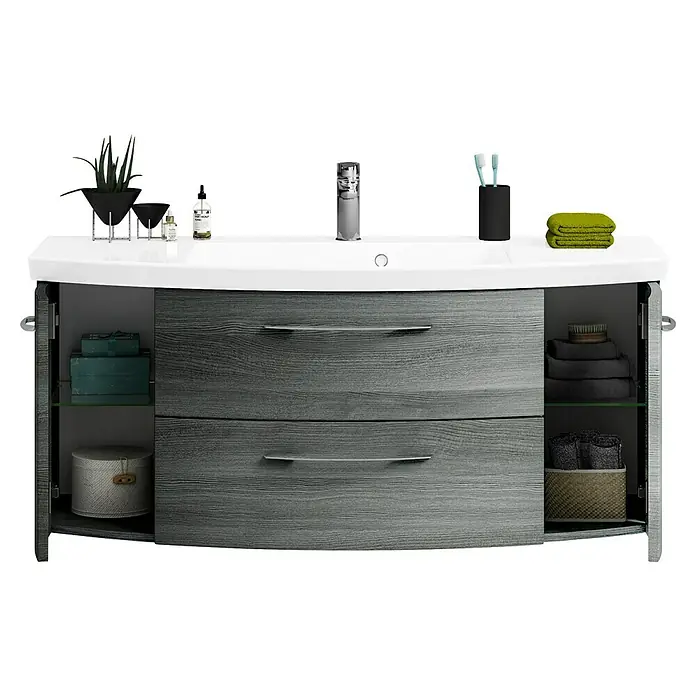 Pelipal Cassca Badmöbel-Set - Gesamtbreite Badmöbel: 121 cm, Graphit Struktur - Badezimmerschrank mit Waschbecken, grauer Holzoptik und praktischem Stauraum für ein stilvolles Badambiente.