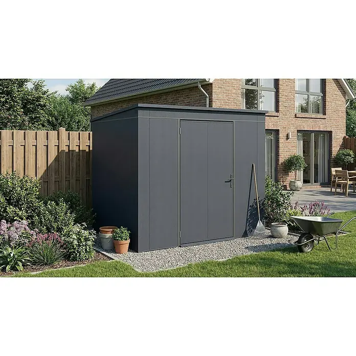 Weka Metallgerätehaus Gary 5 - Außenmaß inkl. Dachüberstand (B x T): 241,9 x 198 cm, Aluminium, Anthrazit RAL 7016 - Moderne Gerätehaus-Ansicht mit Schiebetür, ideal zur Aufbewahrung von Gartengeräten und Werkzeugen im Außenbereich.