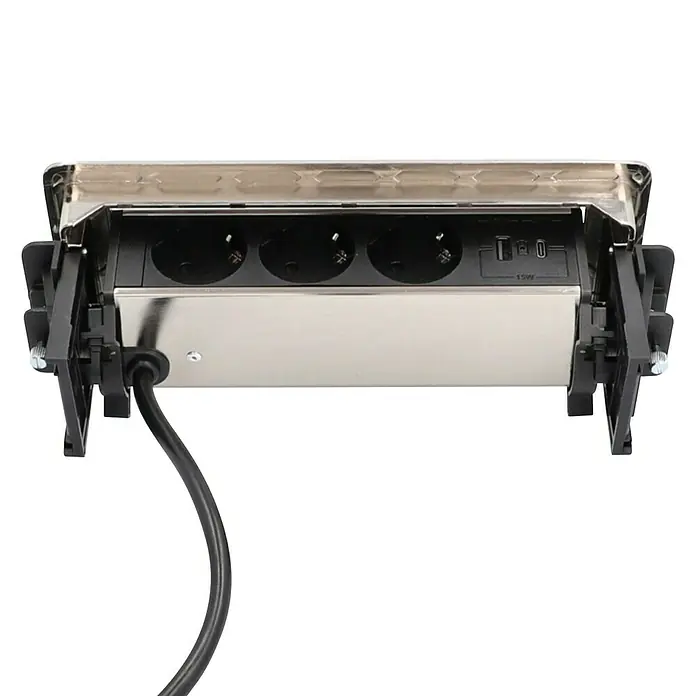 UniTEC Tischsteckdose USB-A, USB-C - Versenkbar, Silber, 40 x 13 x 12,3 cm - Einbausteckdose mit USB-Anschlüssen und Netzsteckdosen für den Schreibtisch oder die Werkbank. Praktische Stromversorgungslösung.