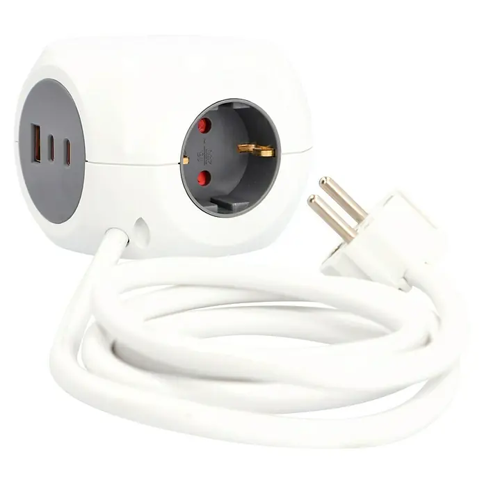 UniTEC Steckdosenwürfel USB-A, USB-C - Weiß, 1,4 m - Bild einer weißen Steckdosenleiste in Würfelform mit USB-Anschlüssen und einem Stecker mit gewickeltem Kabel.