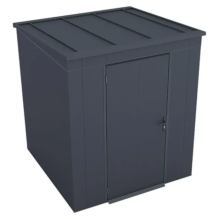 Weka Metallgerätehaus Gary 3 - Außenmaß inkl. Dachüberstand (B x T): 191,8 x 198 cm, Aluminium, Anthrazit RAL 7016 - Ein dunkelgrauer Geräteschuppen mit Pultdach und Tür, ideal für die Gartenaufbewahrung. Robuste Bauweise für den Aussenbereich.