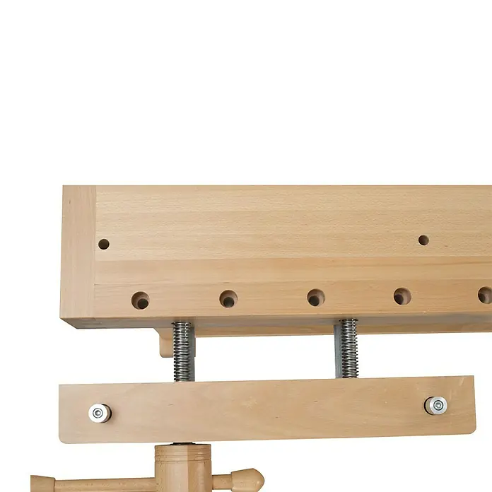 Ramia Hobelbank Premium Superb - L x B: 2.165 x 855 mm, Arbeitshöhe: 870 mm, Holz - Detailaufnahme einer Hobelbank mit Schraubstock, die die robuste Holzkonstruktion und die Metallmechanik hervorhebt.