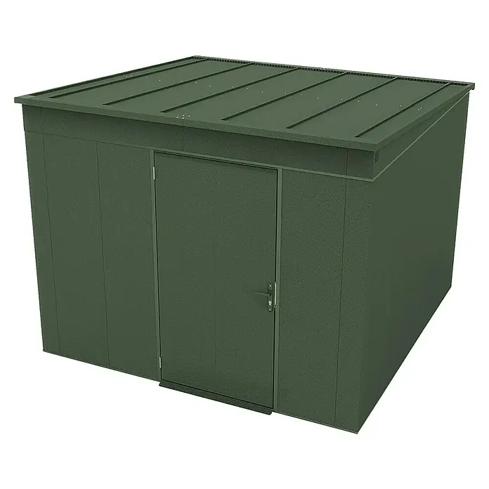 Weka Metallgerätehaus Gary 9 - Außenmaß inkl. Dachüberstand (B x T): 292 x 298,2 cm, Aluminium, Grün - Bild eines grünen Metallschuppens mit Flachdach und einer einzelnen Tür, ideal für die Gartenaufbewahrung.