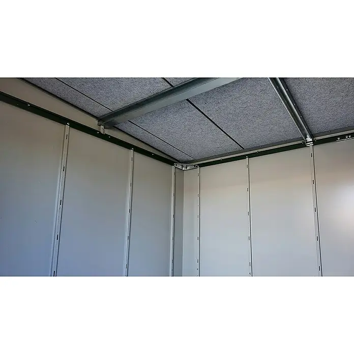 Weka Metallgerätehaus Gary 3 - Außenmaß inkl. Dachüberstand (B x T): 191,8 x 198 cm, Aluminium, Grün - Innenansicht eines Gerätehauses mit grauen Wänden, grünen Metallrahmen und einer grauen Decke mit Metallträgern für Stabilität und Langlebigkeit.