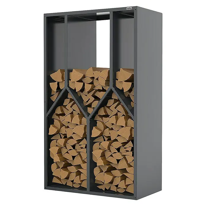 Weka Brennholzregal Gary - B x T x H: 95 x 50 x 160 cm, Metall, Anthrazit RAL 7016 - Abgebildeter grauer WEKA Kaminholzregal mit Holzfüllung. Dieses Regal ist eine stilvolle und praktische Lösung für die Kaminholzaufbewahrung.