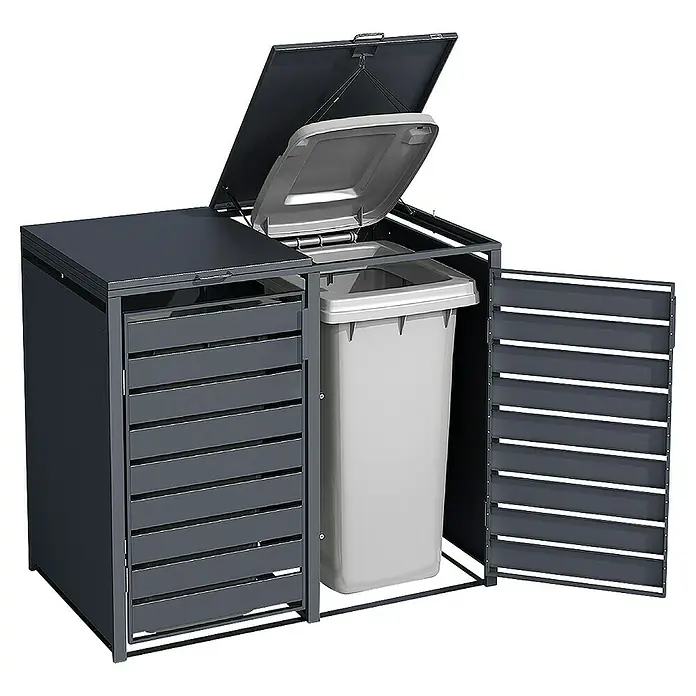 Weka Mülltonnenbox Gary - 132 x 80 cm, Metall, Anthrazit RAL 7016, Geeignet für Anzahl Mülltonnen: 2 Stk. - Mülltonnenbox für den Außenbereich mit hochklappbarem Deckel und abschließbarer Tür zur einfachen Müllentsorgung und zum Schutz vor Tieren.