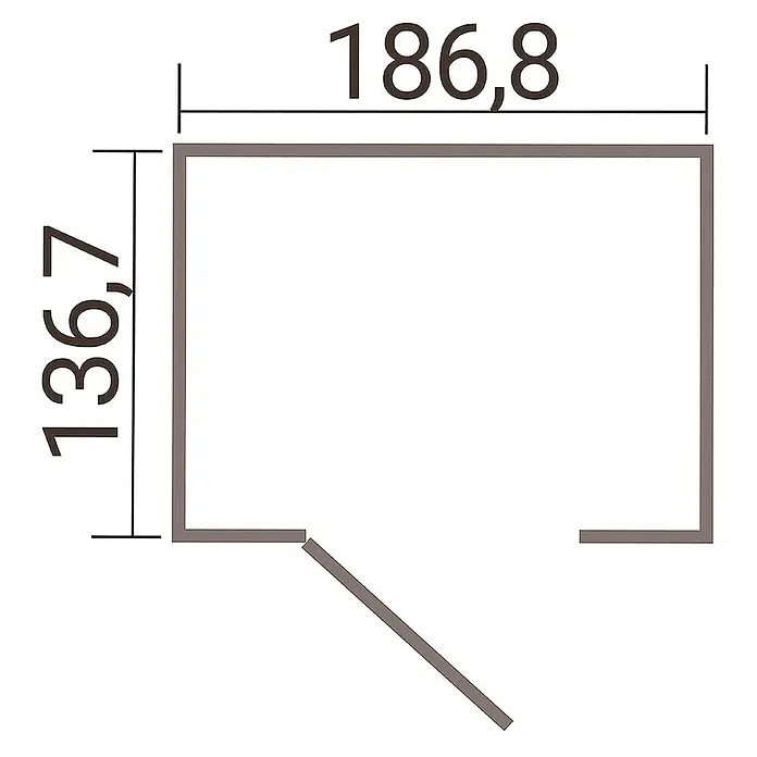 Weka Metallgerätehaus Gary 2 - Außenmaß inkl. Dachüberstand (B x T): 191,8 x 147,6 cm, Aluminium, Grün - Grundriss eines Raumes mit den Maßen 186,8 x 136,7. Der Raum verfügt über eine diagonale Tür.