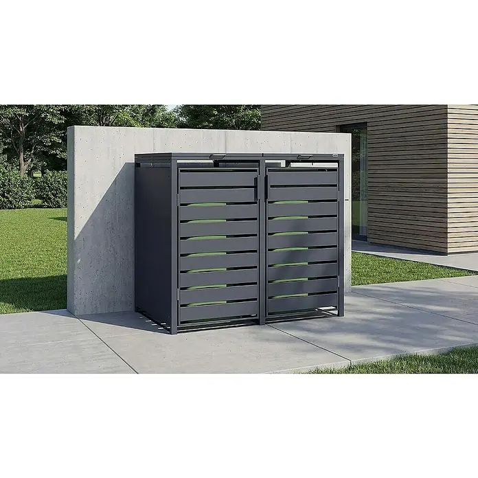 Weka Mülltonnenbox Gary - 132 x 80 cm, Metall, Anthrazit RAL 7016, Geeignet für Anzahl Mülltonnen: 2 Stk. - Das Bild zeigt eine moderne graue Mülltonnenbox mit Lamellenstruktur, die sich ideal für die stilvolle Aufbewahrung von Mülltonnen im Außenbereich eignet.