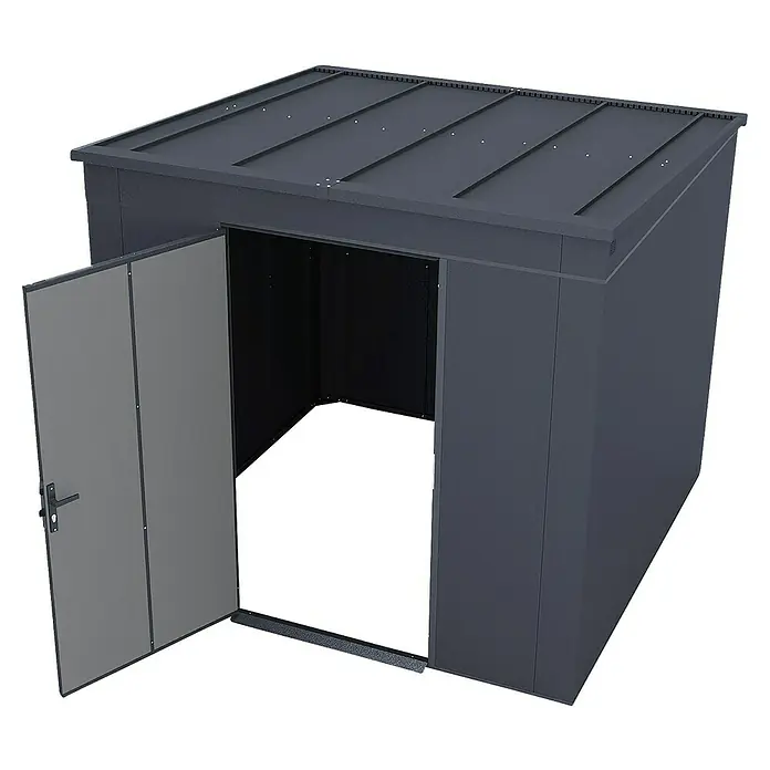 Weka Metallgerätehaus Gary 6 - Außenmaß inkl. Dachüberstand (B x T): 242,4 x 248,2 cm, Aluminium, Anthrazit RAL 7016 - Abbildung eines Metallgartengerätehauses mit geöffneter Tür. Das Gerätehaus ist robust und wetterfest für die Aufbewahrung von Gartengeräten.