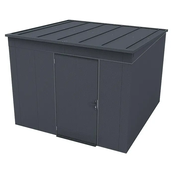 Weka Metallgerätehaus Gary 9 - Außenmaß inkl. Dachüberstand (B x T): 292 x 298,2 cm, Aluminium, Anthrazit RAL 7016 - Abbildung eines modernen, grauen Gartenhauses mit Flachdach und einer Tür. Das Gartenhaus bietet praktischen Stauraum für den Garten.