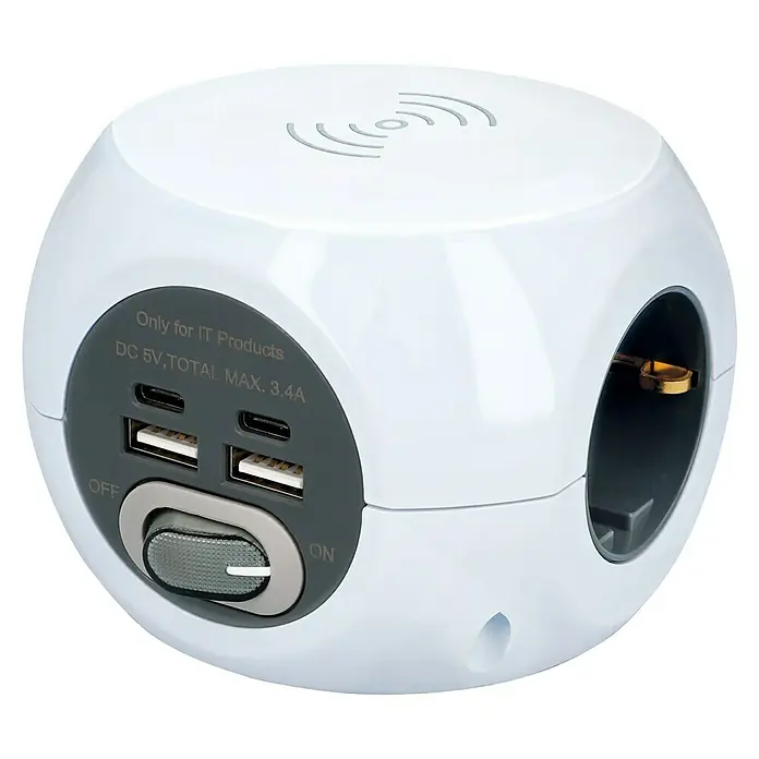 UniTEC Steckdosenwürfel USB-A/ USB-C - Weiß, 1,4 m - Ein runder, weißer Steckdosenwürfel mit USB-Anschlüssen, Netzsteckdosen und einer kabellosen Ladefläche für IT-Produkte.