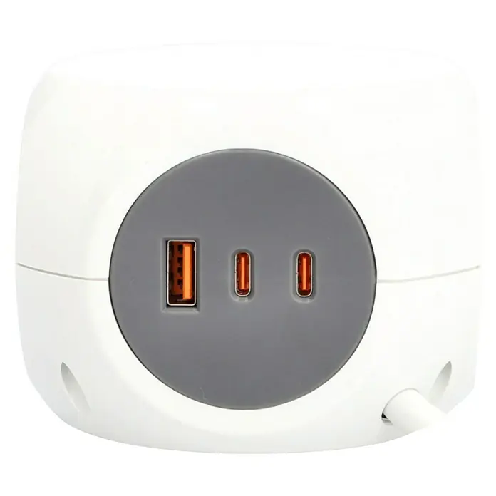 UniTEC Steckdosenwürfel USB-A, USB-C - Weiß, 1,4 m - Nahaufnahme einer weißen Ladestation mit USB- und USB-C-Anschlüssen auf einer grauen Oberfläche, ideal zum Aufladen mehrerer Geräte gleichzeitig.