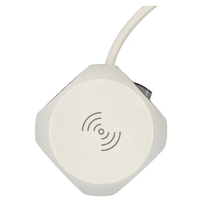 UniTEC Steckdosenwürfel USB-A/ USB-C - Weiß, 1,4 m - Draufsicht auf ein Ladepad für kabelloses Laden mit einem symbolischen Logo für drahtlose Konnektivität.