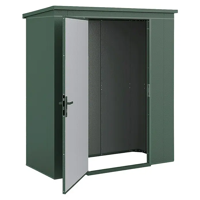 Weka Metallgerätehaus Gary 1 - Außenmaß inkl. Dachüberstand (B x T): 191,8 x 97,8 cm, Aluminium, Grün - Geöffneter Geräteschuppen aus Metall in Grün mit einer Tür aus hellem Grau.