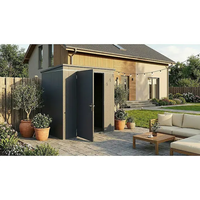Weka Metallgerätehaus Gary 2 - Außenmaß inkl. Dachüberstand (B x T): 191,8 x 147,6 cm, Aluminium, Anthrazit RAL 7016 - Das moderne Gerätehaus in Anthrazit mit geöffneten Türen, umgeben von üppiger Gartengestaltung, bietet stilvollen Stauraum.