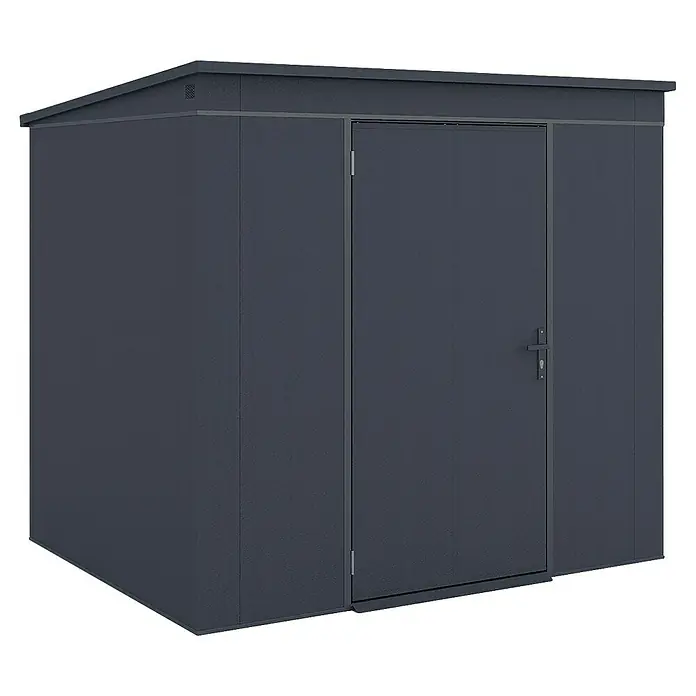 Weka Metallgerätehaus Gary 5 - Außenmaß inkl. Dachüberstand (B x T): 241,9 x 198 cm, Aluminium, Anthrazit RAL 7016 - Abbildung eines Gerätehauses aus Metall in Anthrazit mit Doppeltür und geradem Dach.