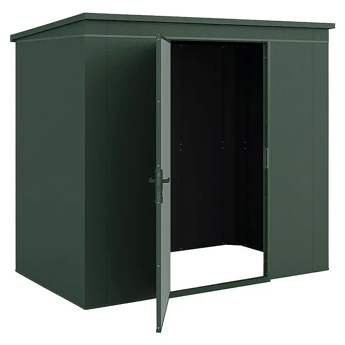 Weka Metallgerätehaus Gary 4 - Außenmaß inkl. Dachüberstand (B x T): 241,9 x 147,6 cm, Aluminium, Grün - Ein grünes Gerätehaus mit geöffneten Doppeltüren, das einen Blick ins Innere ermöglicht. Ideal zur Aufbewahrung von Gartengeräten.