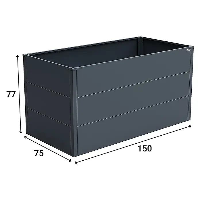 Weka Hochbeet Gary - 150 x 77 x 77 cm, Metall, Anthrazit - Abbildung eines grauen Pflanzgefäßes mit den Maßen 77x75x150 cm, ideal für Garten oder Terrasse.