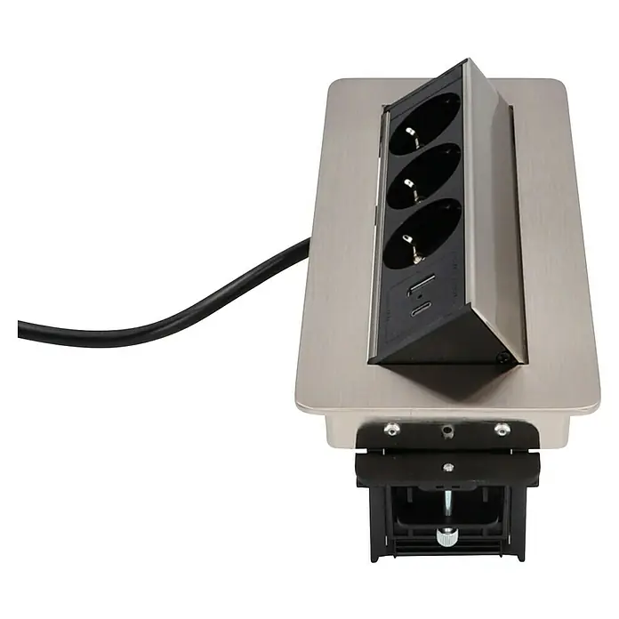 UniTEC Tischsteckdose USB-A, USB-C - Versenkbar, Silber, 40 x 13 x 12,3 cm - Bild einer versenkbaren Steckdosenleiste mit USB-Anschlüssen, ideal für moderne Büros.