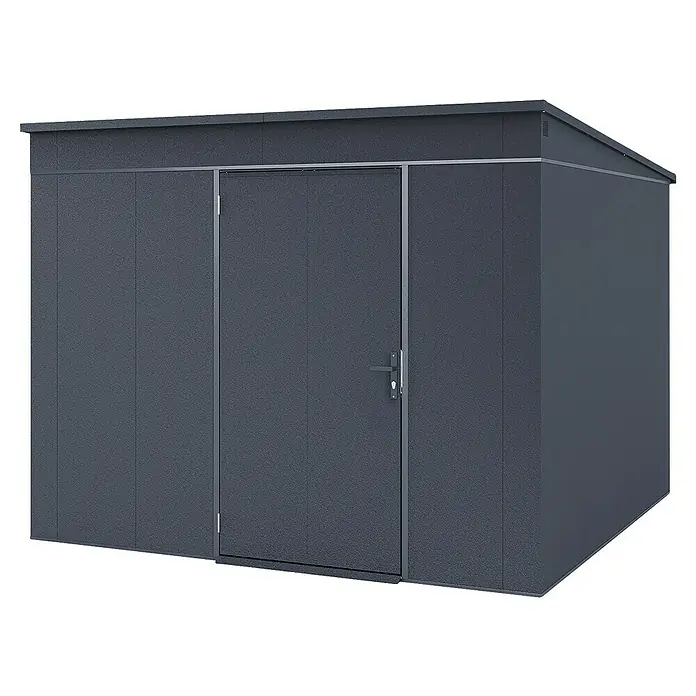 Weka Metallgerätehaus Gary 9 - Außenmaß inkl. Dachüberstand (B x T): 292 x 298,2 cm, Aluminium, Anthrazit RAL 7016 - Abbildung eines anthrazitfarbenen Metallschuppens mit einer Tür, der sich ideal für die Lagerung im Freien eignet.