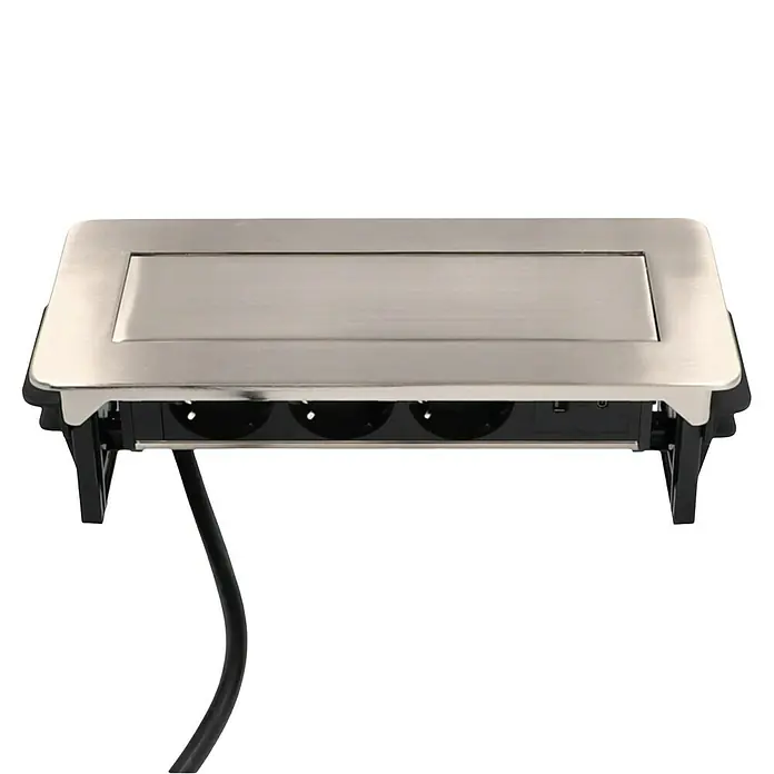 UniTEC Tischsteckdose USB-A, USB-C - Versenkbar, Silber, 40 x 13 x 12,3 cm - Versenkbare Tischsteckdose mit drei Steckplätzen und USB-Anschlüssen in einem modernen, silbernen Design. Praktisch für Büro und Zuhause.