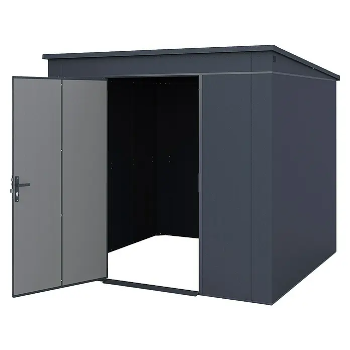 Weka Metallgerätehaus Gary 6 - Außenmaß inkl. Dachüberstand (B x T): 242,4 x 248,2 cm, Aluminium, Anthrazit RAL 7016 - Ein geräumiger Geräteschuppen mit weit geöffneten Türen, ideal für die Aufbewahrung von Gartengeräten und Werkzeugen. Das robuste Design sorgt für Langlebigkeit.