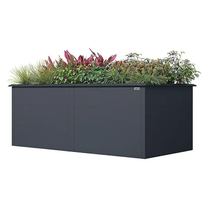 Weka Hochbeet Gary - 200 x 100 x 77 cm, Metall, Anthrazit - Ein geräumiger, anthrazitfarbener Pflanzkasten, bepflanzt mit einer vielfältigen Auswahl an Pflanzen. Ein stilvolles Element für jeden Garten.