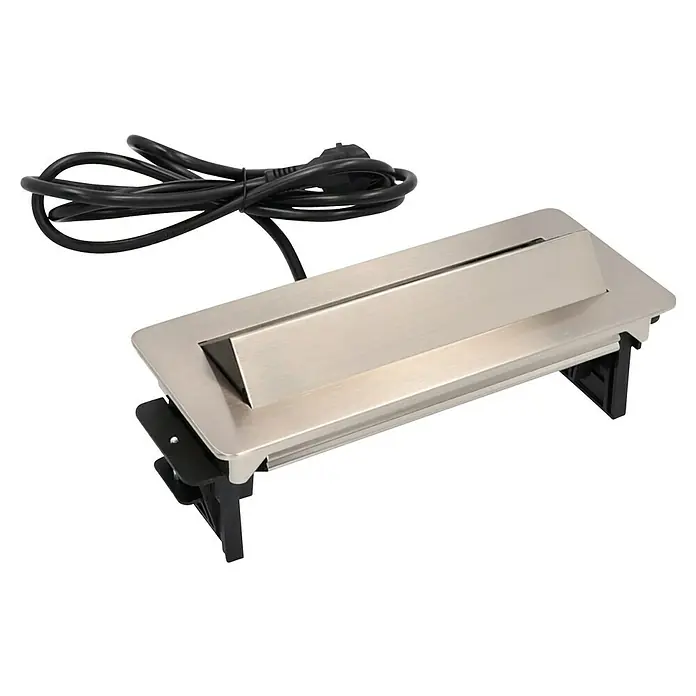 UniTEC Tischsteckdose USB-A, USB-C - Versenkbar, Silber, 40 x 13 x 12,3 cm - Eleganter, versenkbarer Tischverteiler mit gebürsteter Edelstahloberfläche und integriertem Stromkabel, ideal für moderne Arbeitsbereiche und Konferenzräume.