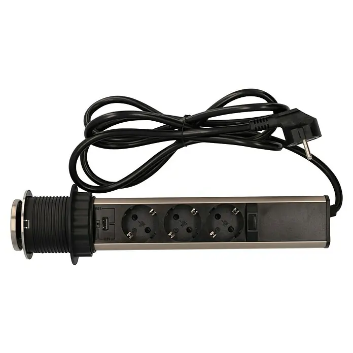 UniTEC Tischsteckdose USB-A, USB-C - Versenkbar, Silber/Schwarz, 10,2 x 11 x 40 cm - Steckdosenleiste mit USB-Anschluss und Schuko-Steckdosen, versenkbar für eine moderne Arbeitsfläche.