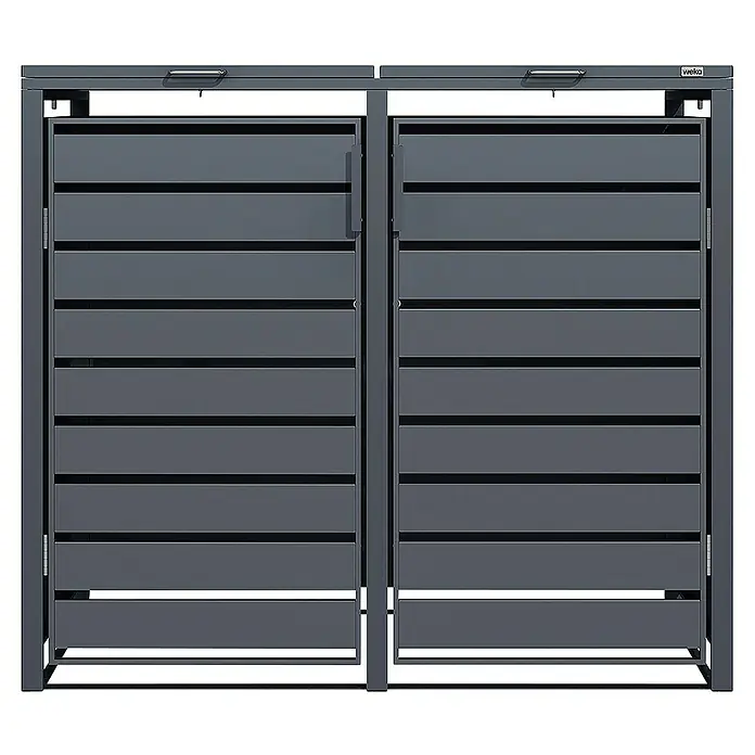Weka Mülltonnenbox Gary - 132 x 80 cm, Metall, Anthrazit RAL 7016, Geeignet für Anzahl Mülltonnen: 2 Stk. - Das Bild zeigt eine graue Weka Mülltonnenbox mit Lamellen, die eine stilvolle und praktische Lösung zur Aufbewahrung von Mülltonnen bietet.