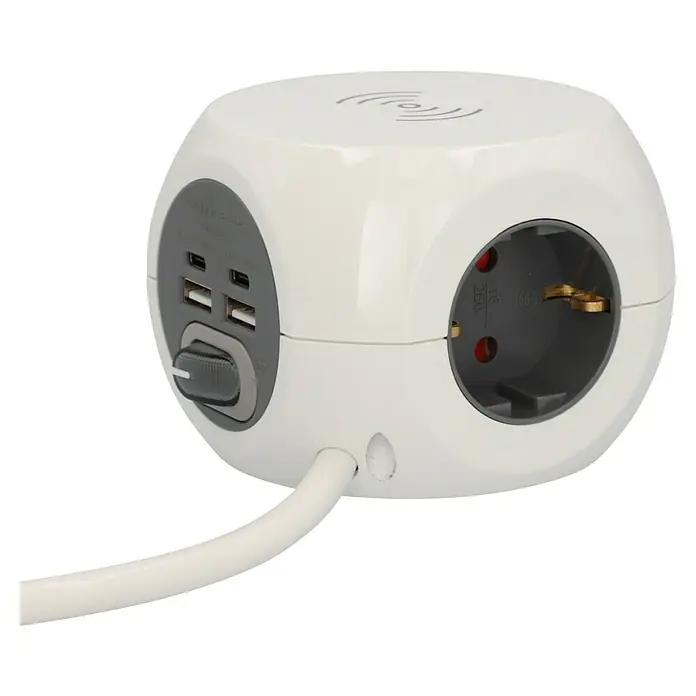 UniTEC Steckdosenwürfel USB-A/ USB-C - Weiß, 1,4 m - Multifunktionaler, würfelförmiger Stromverteiler mit USB-Anschlüssen, Steckdose und kabelloser Ladefunktion für den Schreibtisch.
