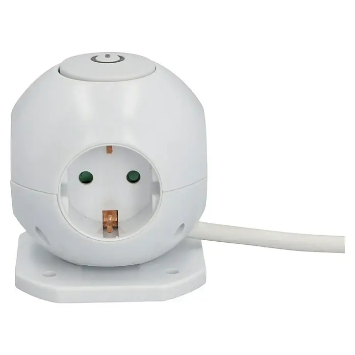 UniTEC Steckdosenwürfel USB-A. USB-C 3-fach - Weiß, 1,4 m - Das Bild zeigt einen runden, weißen Stecker mit einer Steckdose und einem Schalter auf der Oberseite.