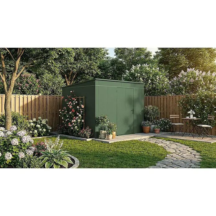 Weka Metallgerätehaus Gary 9 - Außenmaß inkl. Dachüberstand (B x T): 292 x 298,2 cm, Aluminium, Grün - Gartenidylle mit einem geräumigen, dunkelgrünen Metallgartenhaus, umgeben von üppiger Vegetation und einem einladenden Sitzbereich.