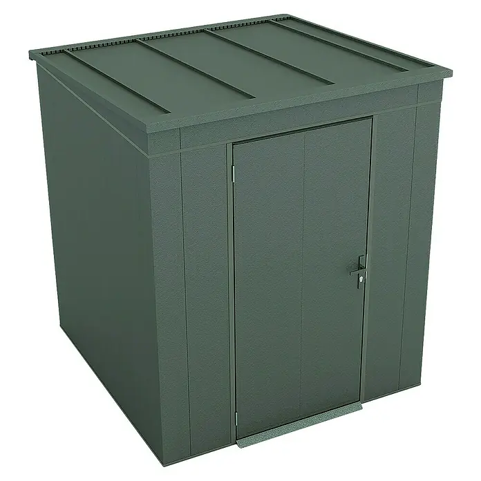 Weka Metallgerätehaus Gary 3 - Außenmaß inkl. Dachüberstand (B x T): 191,8 x 198 cm, Aluminium, Grün - Ein graues Gerätehaus mit schrägem Dach und einer Tür in der Mitte. Das Gerätehaus ist kompakt und funktional gestaltet.