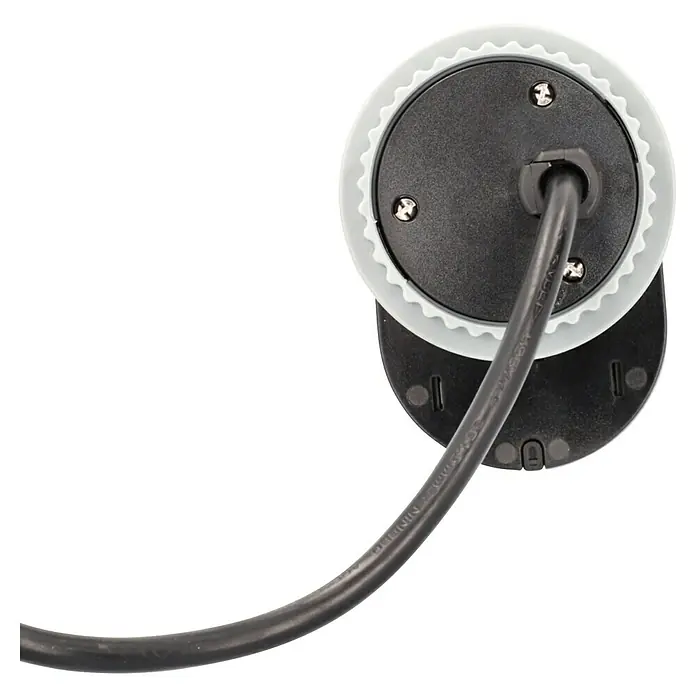 UniTEC Tischsteckdose USB-A, USB-C - Schwarz/Silber, 12,3 x 10 x 14,5 cm - Nahaufnahme der Rückseite einer runden, schwarzen Gerätekomponente mit weißem Rand und schwarzem Kabelanschluss.