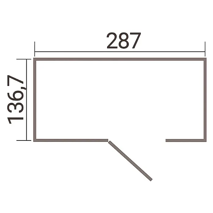 Weka Metallgerätehaus Gary 7 - Außenmaß inkl. Dachüberstand (B x T): 292 x 147,6 cm, Aluminium - Grundrisszeichnung mit den Maßen 287 und 136,7, die ein rechteckiges Zimmer mit einer schrägen Türöffnung darstellt.