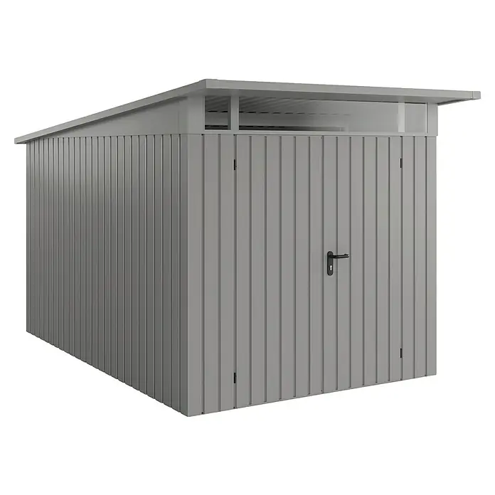 EcoStar Euroline Gerätehaus - Außenmaß inkl. Dachüberstand (B x T): 229 x 358 cm, Höhe: 212 mm, Stahl, Aluminium, Doppeltür - Abbildung eines modernen, grauen Gerätehauses mit geöffneter Tür. Es bietet praktischen Stauraum für den Garten und Werkzeuge.