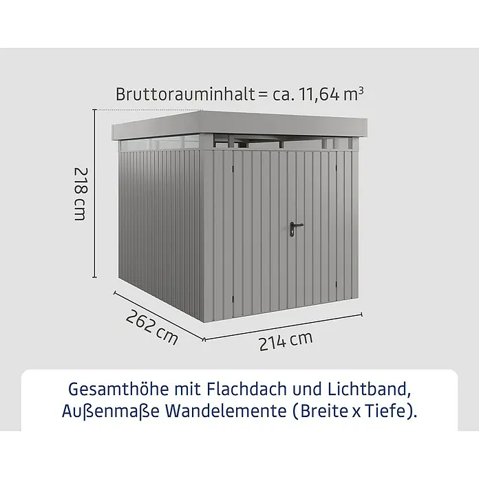 EcoStar Euroline Metallgerätehaus - Außenmaß inkl. Dachüberstand (B x T): 229 x 277 cm, Höhe: 218 cm, Stahl, Aluminium, Doppeltür - Abbildung eines Gerätehauses mit den Maßen 218 cm Höhe, 262 cm Breite und 214 cm Tiefe.