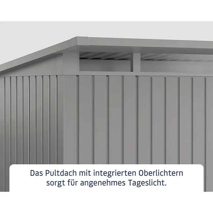 EcoStar Euroline Metallgerätehaus - Außenmaß inkl. Dachüberstand (B x T): 229 x 310 cm, Höhe: 212 mm, Stahl, Aluminium, Doppeltür - Detailansicht eines Gerätehauses mit Pultdach und integrierten Oberlichtern, die für angenehmes Tageslicht sorgen.