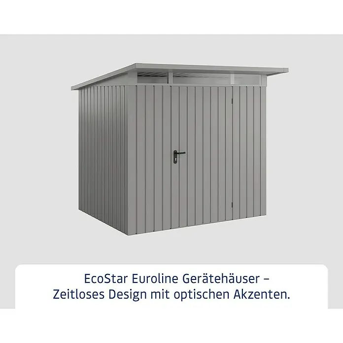 EcoStar Euroline Metallgerätehaus - Außenmaß inkl. Dachüberstand (B x T): 229 x 214 cm, Höhe: 204 cm, Stahl, Aluminium, Einzeltür - Abbildung eines EcoStar Euroliner Gerätehauses in zeitlosem Design. Optimale Lösung für die Aufbewahrung im Garten mit optischen Akzenten.