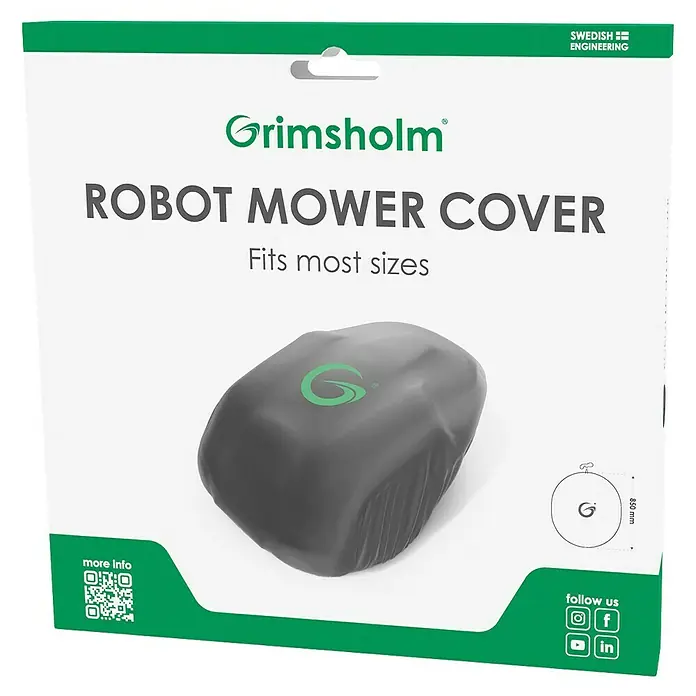 Grimsholm Green Abdeckhaube für Rasenmäher - L x B: 290 x 240 mm, Gängige Mähroboter-Modelle - Produktverpackung für eine Grimsholm Roboter-Mäher-Abdeckung, die für die meisten Größen geeignet ist, mit QR-Code und Social-Media-Links.