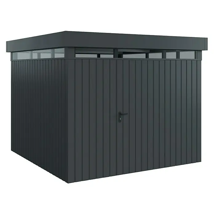 EcoStar Euroline Metallgerätehaus - Außenmaß inkl. Dachüberstand (B x T): 277 x 277 cm, Stahl, Einzeltür, Anthrazit - Produktbild eines anthrazitfarbenen Gerätehauses mit Lamellentüren, das eine praktische Aufbewahrungslösung für den Außenbereich bietet.