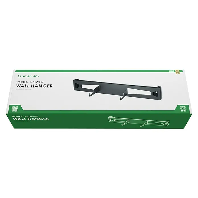 Grimsholm Green Wandhalterung für Rasenmäher - L x B x H: 100 x 5.650 x 1.750 mm, Mammotion Luba 2 AWD - Das Bild zeigt die Verpackung eines Grimsholm Robotermäher Wandhalters. Perfekt, um Ihren Rasenmähroboter ordentlich und platzsparend zu verstauen.