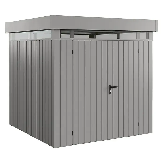 EcoStar Euroline Metallgerätehaus - Außenmaß inkl. Dachüberstand (B x T): 229 x 229 cm, Höhe: 218 cm, Stahl, Aluminium, Doppeltür - Abbildung eines modernen, grauen Geräteschuppens mit Lamellenstruktur und Flachdach. Ideal für die Aufbewahrung im Garten.
